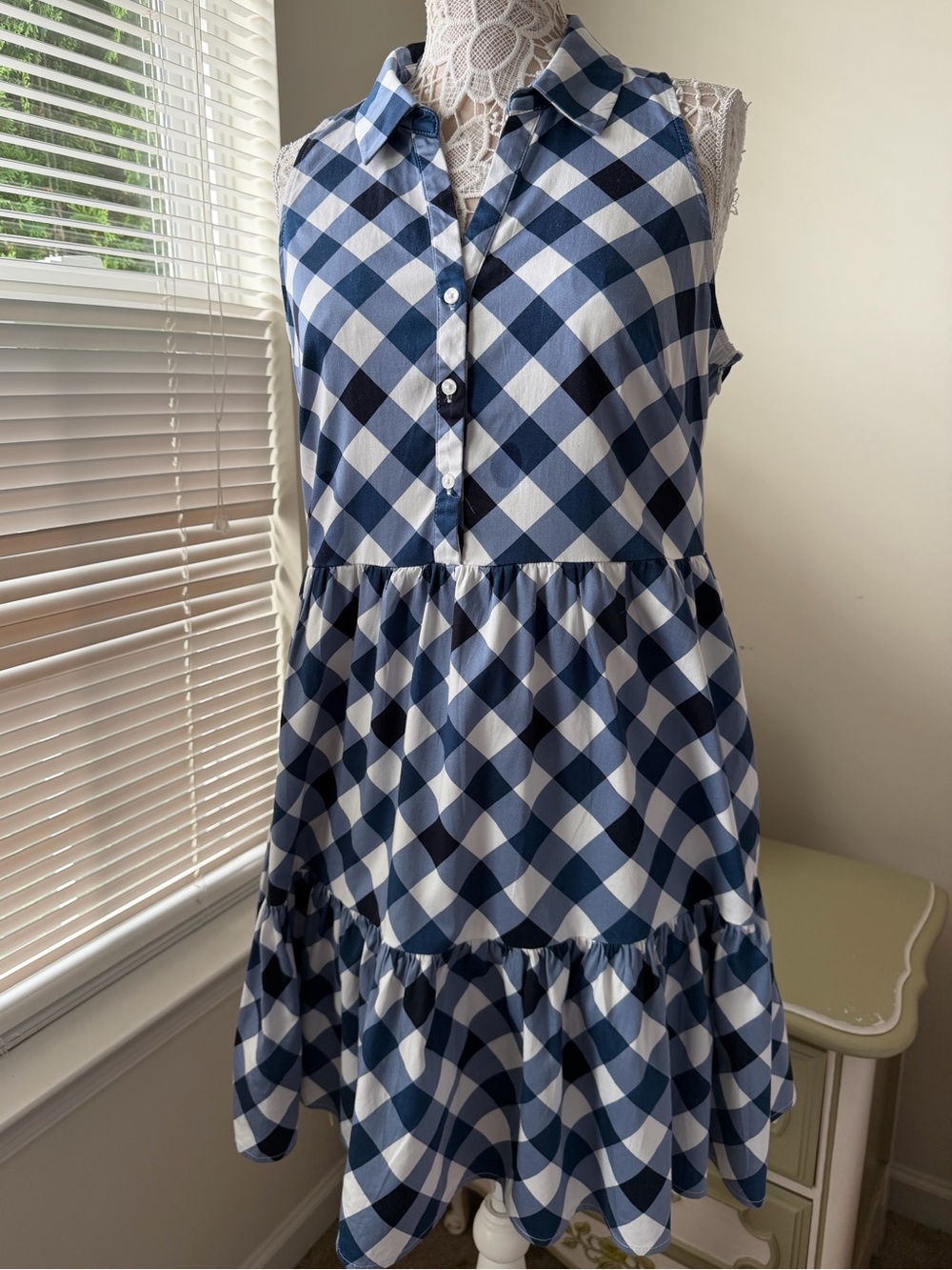 EUC Tommy Hilfiger Blue White Plaid Gingham Sundress Ruffle Hem Size 12 - Picture 2 of 10